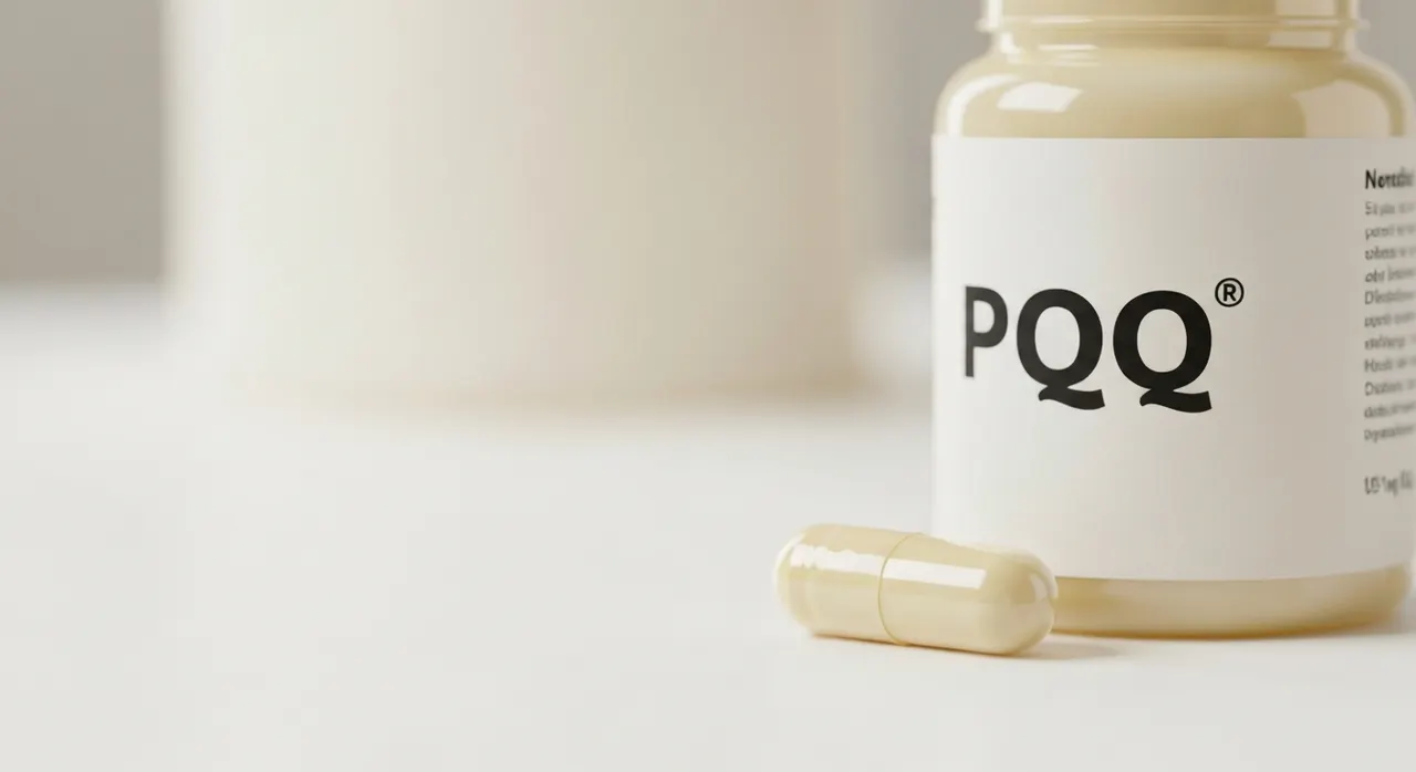 Jarrow Formulas PQQ 20mgのボトルと水のグラス、緑茶の葉が木製のデスクに並んでいる