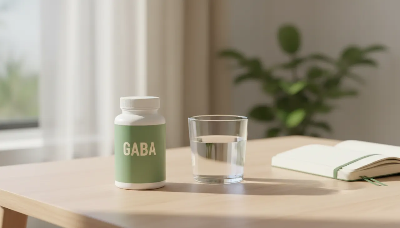 Kirkman Labs GABAのサプリボトルと水、ノートが並ぶ朝のデスク。iHerbで人気のGABAサプリレビュー記事のアイキャッチ