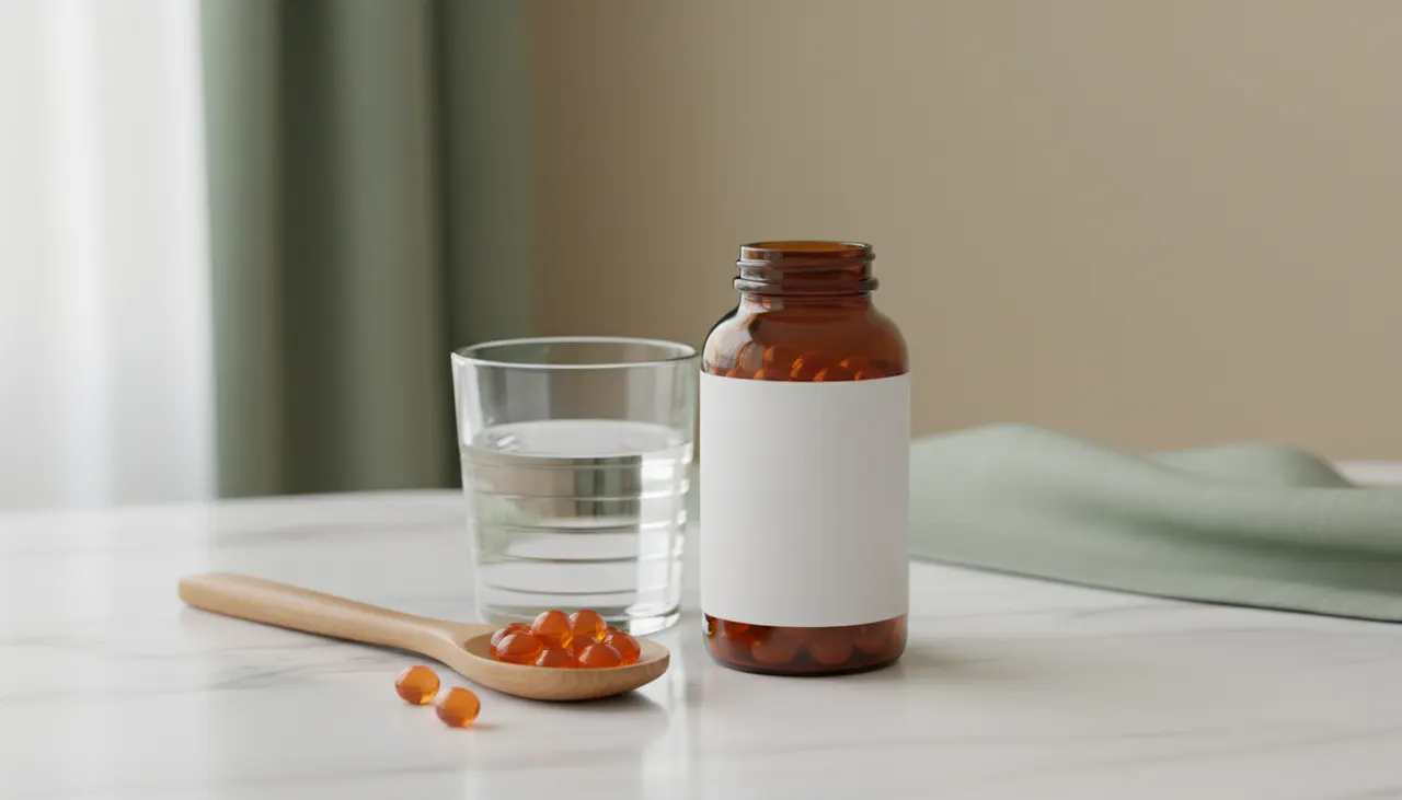 Life Extension コエンザイムQ10のソフトジェルボトルと水のグラス、木製スプーンの上のオレンジ色のカプセル