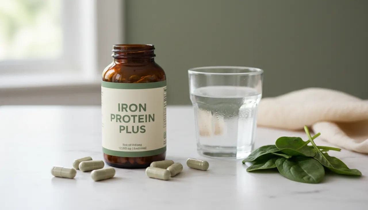 Life Extension IronAid 鉄分サプリのボトルとカプセル、ほうれん草を並べたキッチンカウンター