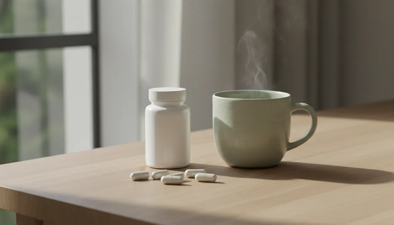 Life Extension L-テアニン100mgカプセルと緑茶のマグカップが明るい木製デスクに並んでいる