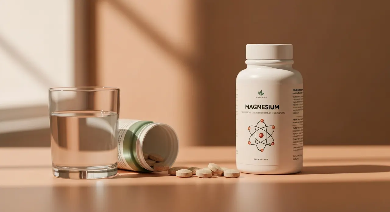 Life Extension マグネシウム500mgのボトルと水、カプセル数粒が木製デスクの上に並んでいる