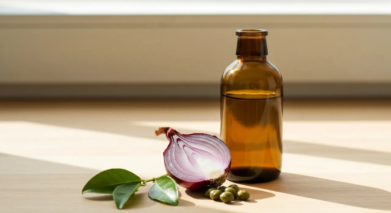 Life Extension Bio-Quercetinのボトルと、ケルセチンを含むタマネギや緑茶の食材が木製テーブルに並んだ画像