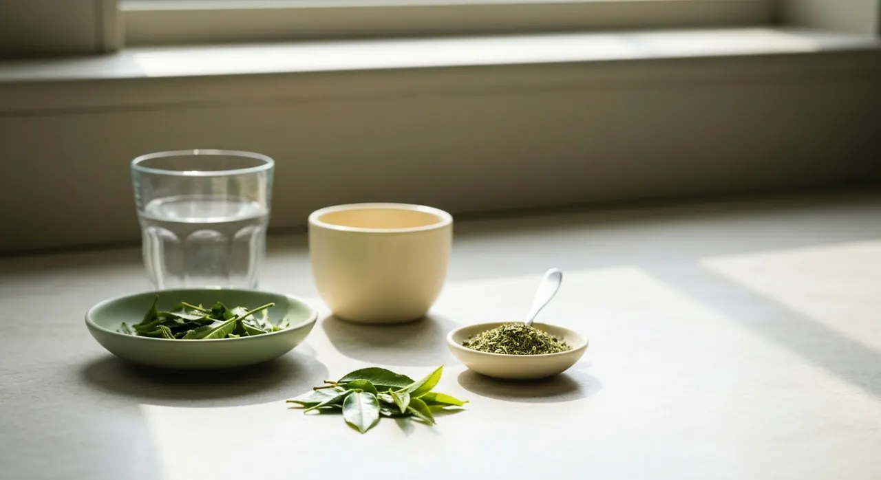Life Extensionのケルセチンサプリと、ケルセチンを多く含むタマネギ・緑茶をならべた明るいキッチンカウンターの写真