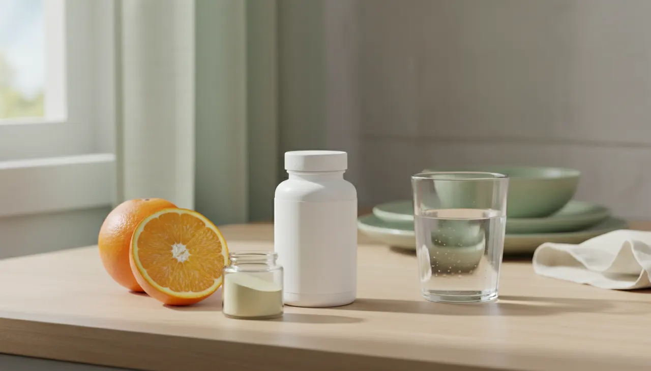 Life ExtensionのビタミンCサプリとオレンジ、ケルセチンの粉末瓶が木製カウンターに並ぶ朝の風景