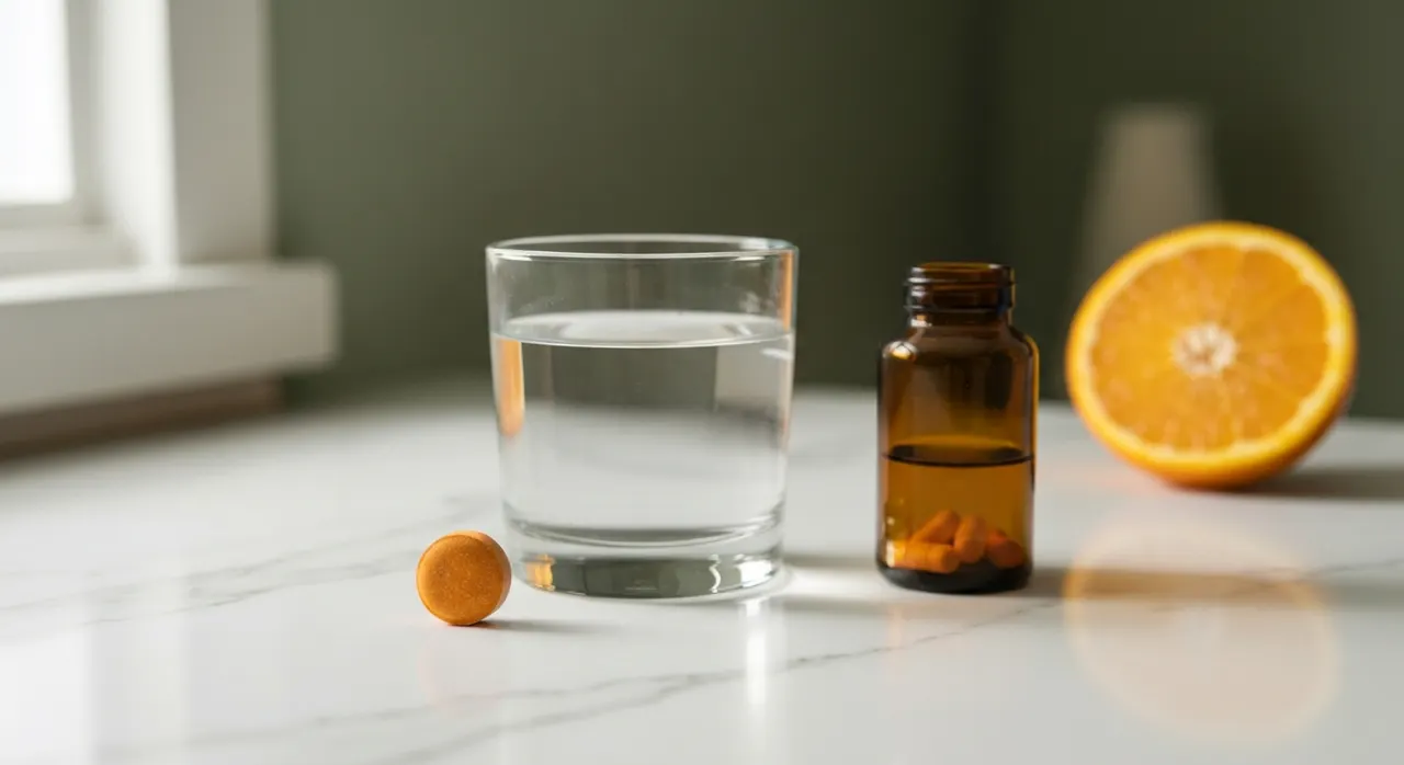 MetagenicsのUltra Potent-Cビタミンチュアブルとオレンジの果実、水が並んだ明るいキッチンカウンター