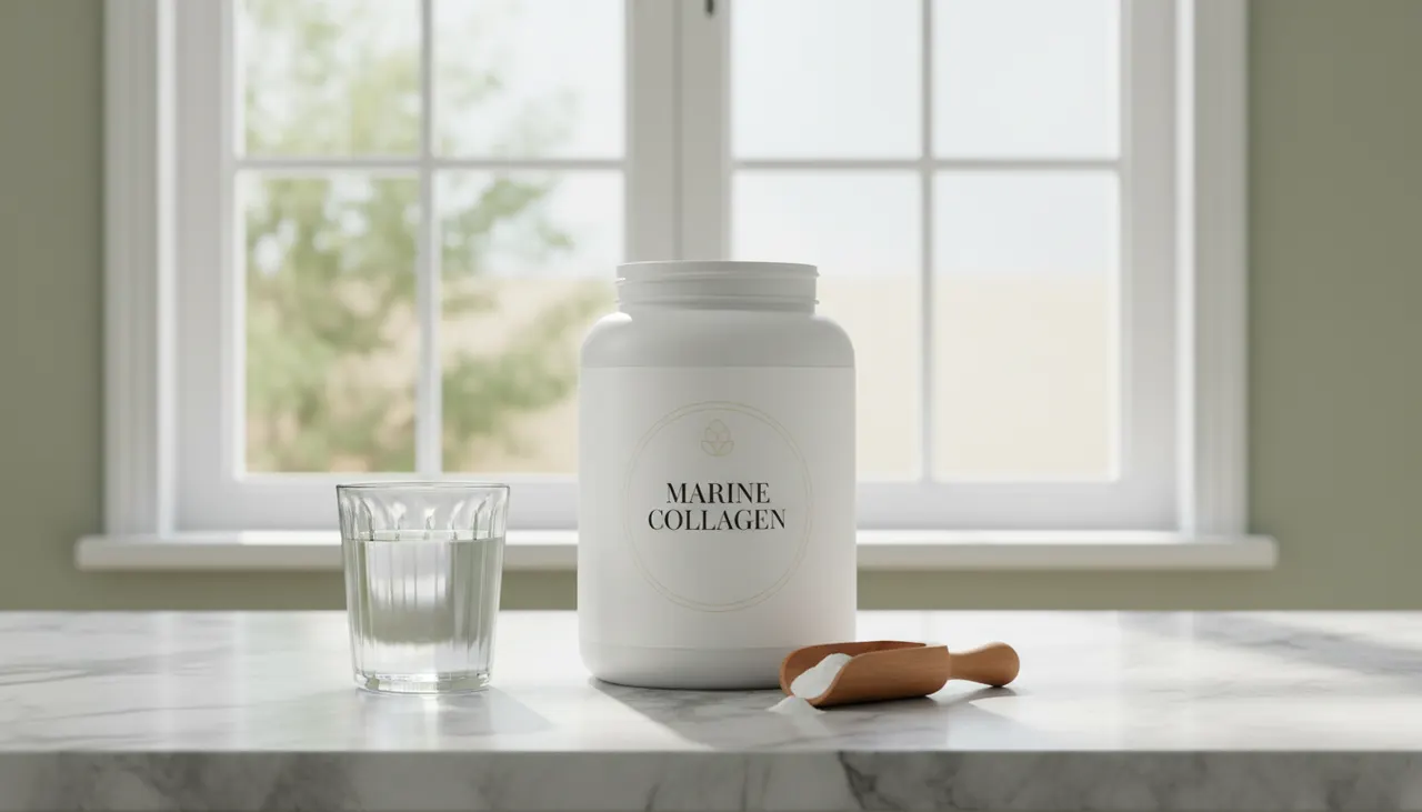 Micro Ingredients マリンコラーゲン454gの容器と水のグラスがキッチンカウンターに置かれている
