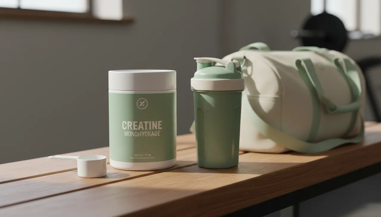 MuscleTech Platinum 100% Creatine Monohydrateの容器とシェイカーボトル、ジムバッグ