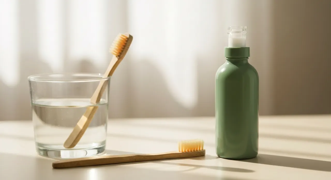 Natrolビオチンのボトルとヘアブラシ、アーモンド、水のグラスを並べた洗面台のイメージ