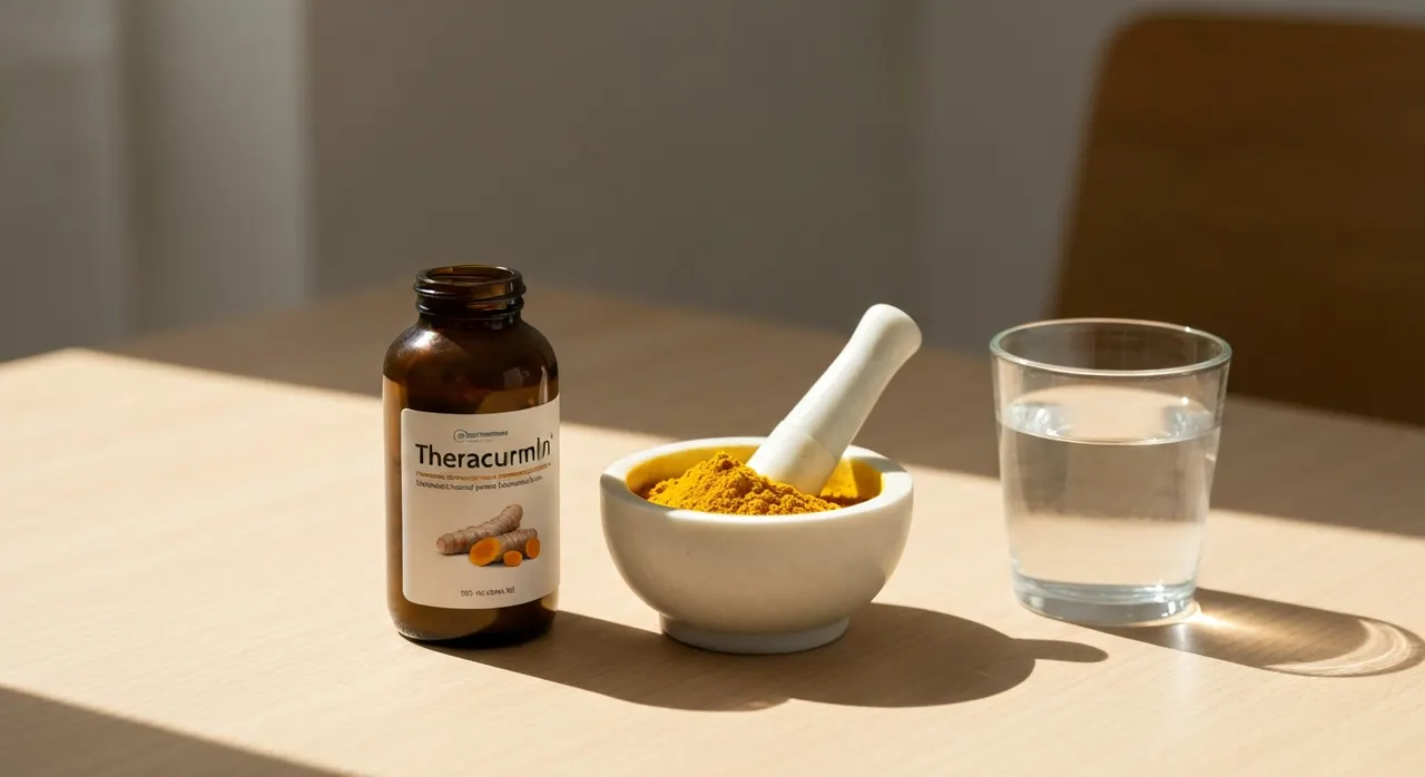 Natural FactorsのTheracurmin®クルクミンサプリと乾燥ウコン根、水のグラスが並んだ明るい木製テーブル