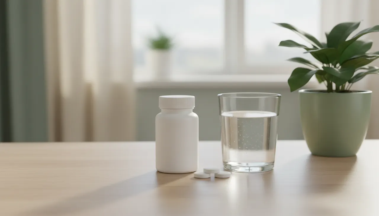 Natural Factors葉酸のボトルと水と錠剤がキッチンカウンターに並ぶイメージ