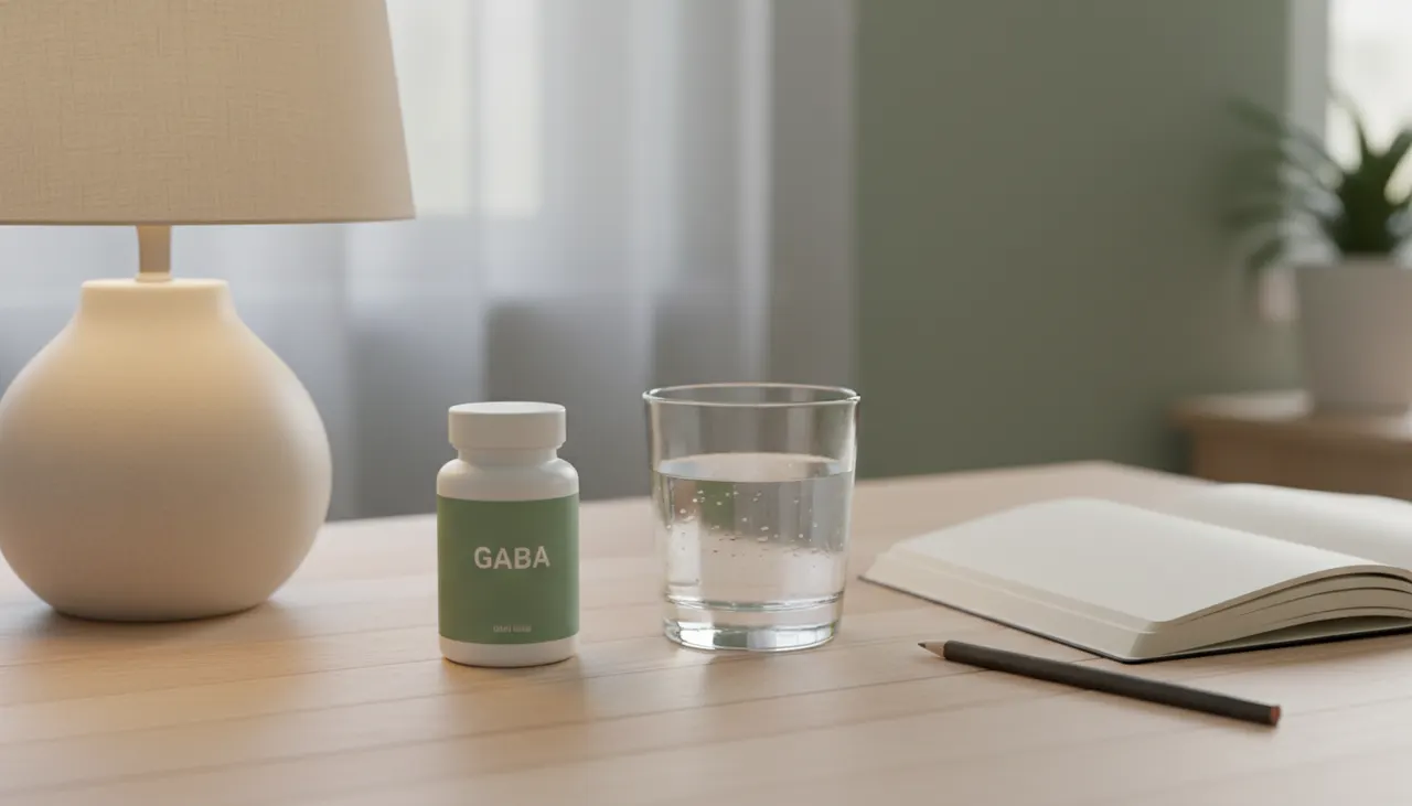 Natural Factors Pharma GABA 250mgのボトルと水のグラス、落ち着いたデスクまわりのイメージ
