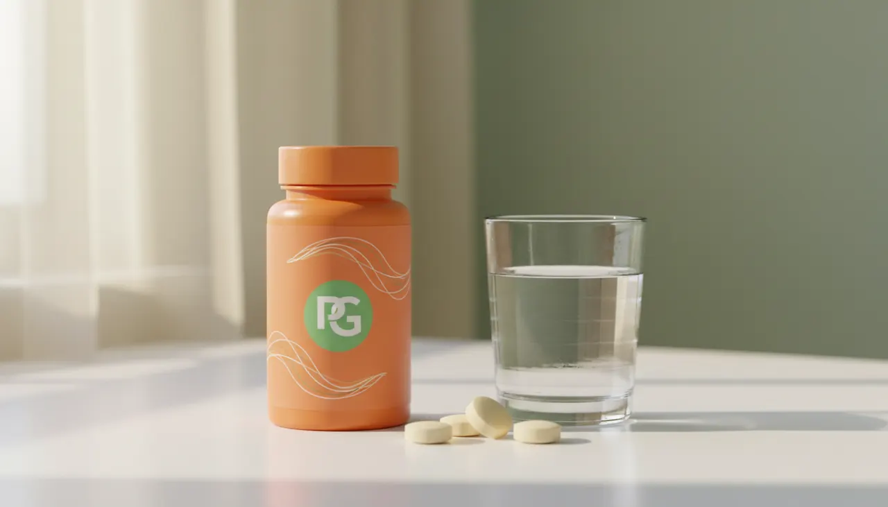 Natural FactorsのPharmaGABAチュアブルタブレットのボトルと白いデスクの上に置かれたサプリメント