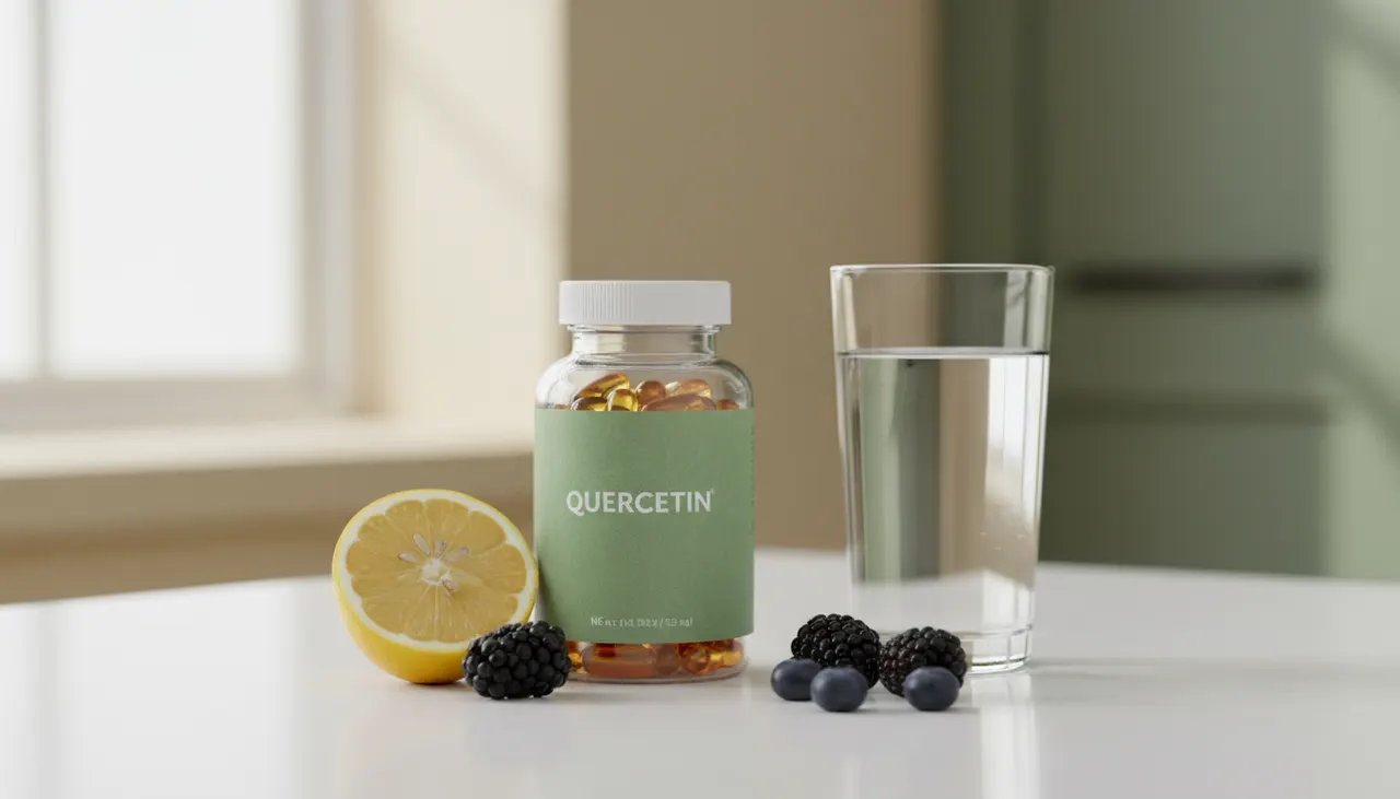 Natural Factors ケルセチン LipoMicel Matrix のボトルとレモン・ベリーが白いキッチンカウンターに並んでいる画像