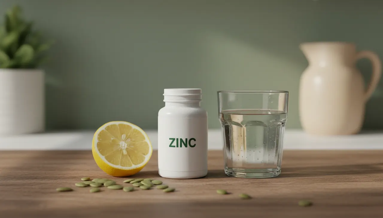 Natural Factors クエン酸亜鉛50mgのボトルと亜鉛を含む食材のイメージ。レモンとかぼちゃの種を添えて