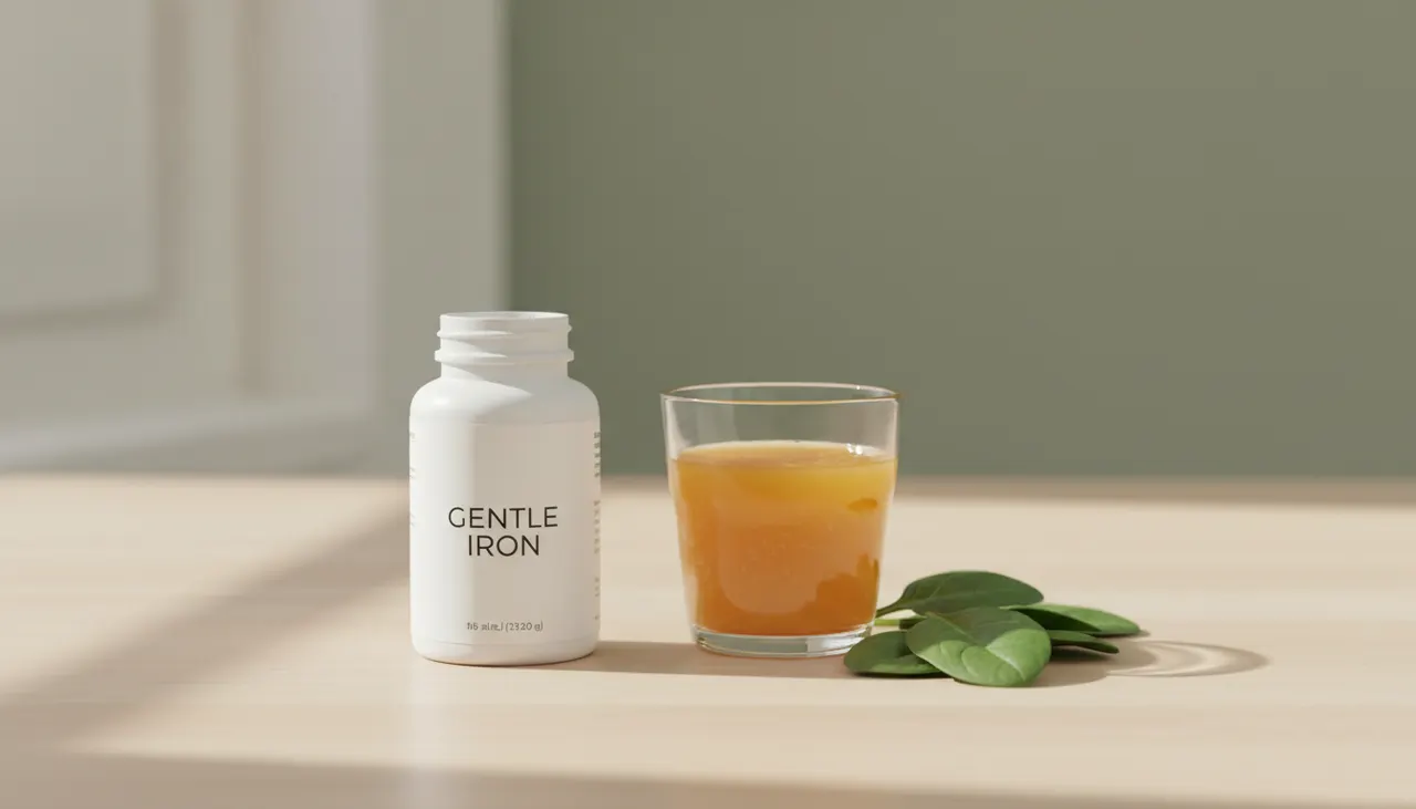 Nature's Bounty Gentle Ironのボトルとオレンジジュース、ほうれん草が並んだ明るい木製テーブル