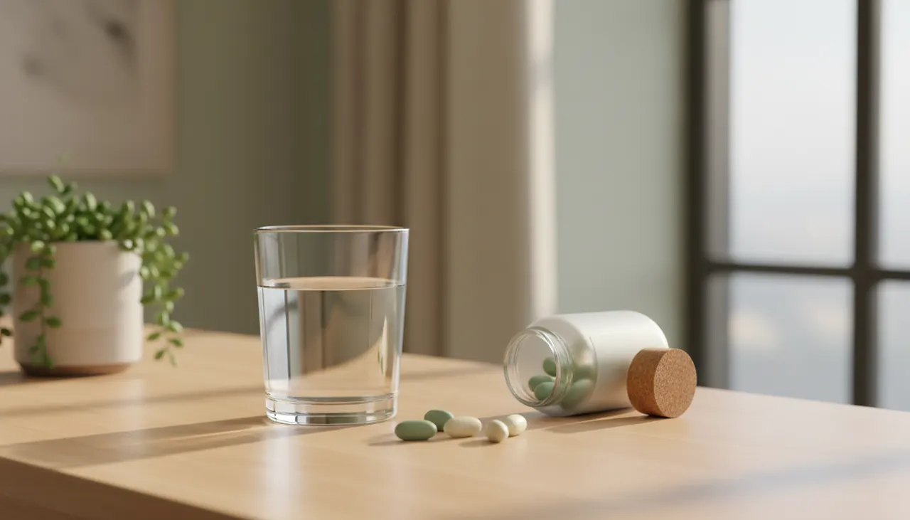 Nature's Way マグネシウム コンプレックスのカプセルと水が木製デスクに置かれている朝の風景