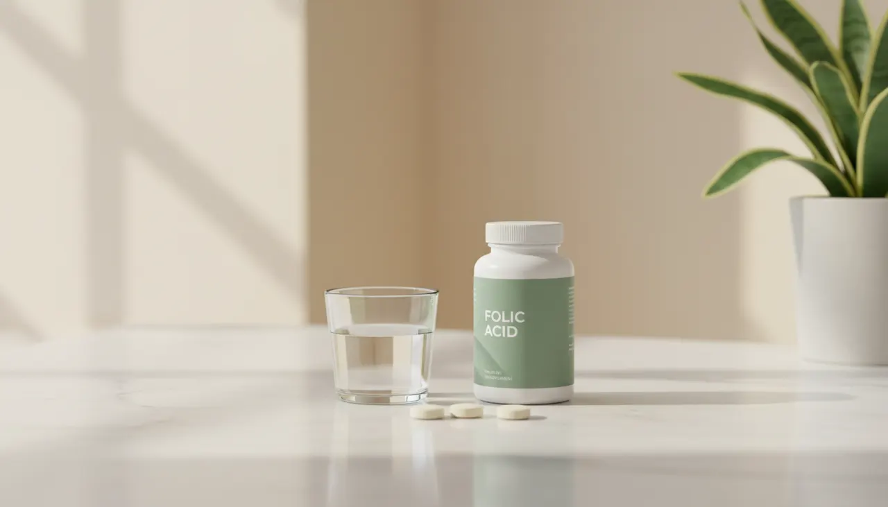 NaturesPlusの葉酸サプリ・メチルフォレート800mcgのボトルと水のグラスを並べた明るいカウンター