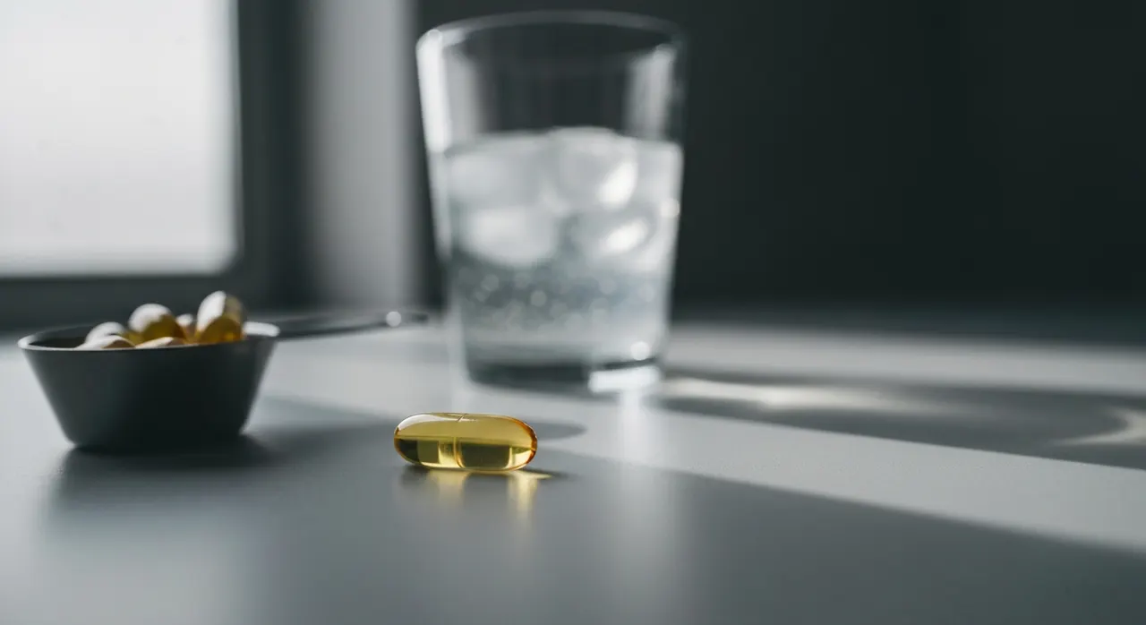 NaturesPlus Hema-Plex 鉄分ソフトジェルのボトルとほうれん草、水のグラス。iHerbで人気の鉄分サプリ