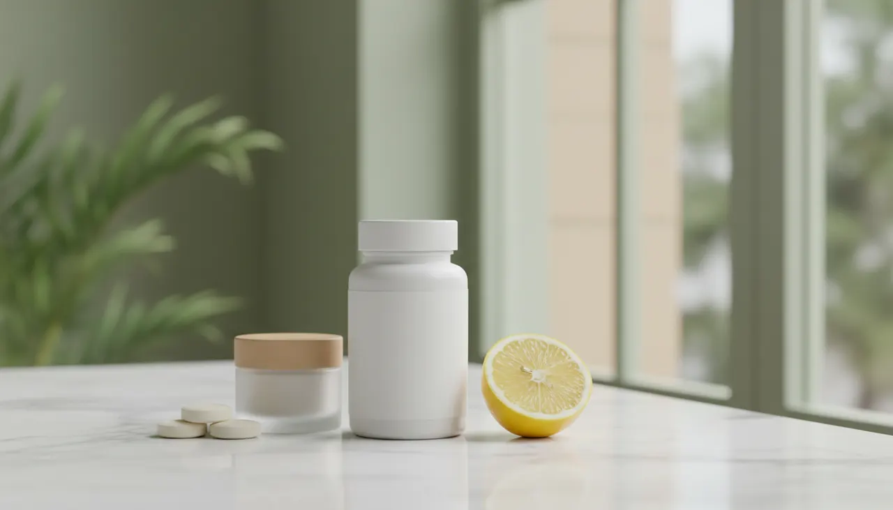 NeoCellのCollagen Beauty Builder錠剤と美容ケアアイテムが明るい窓辺のマーブル台の上に並んでいる