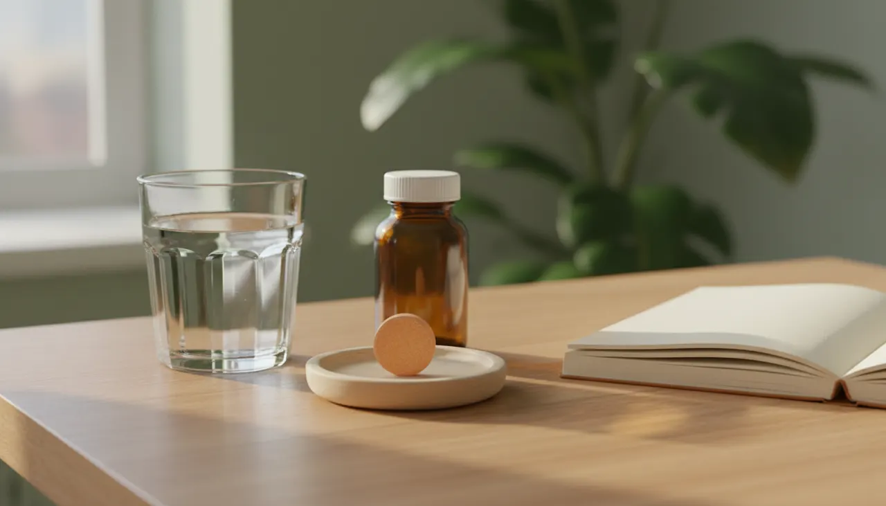 NOW FoodsのチュアブルGABAオレンジ味のボトルとチュアブルタブレット、水のグラスが木製デスクに置かれた落ち着いた夜のシーン