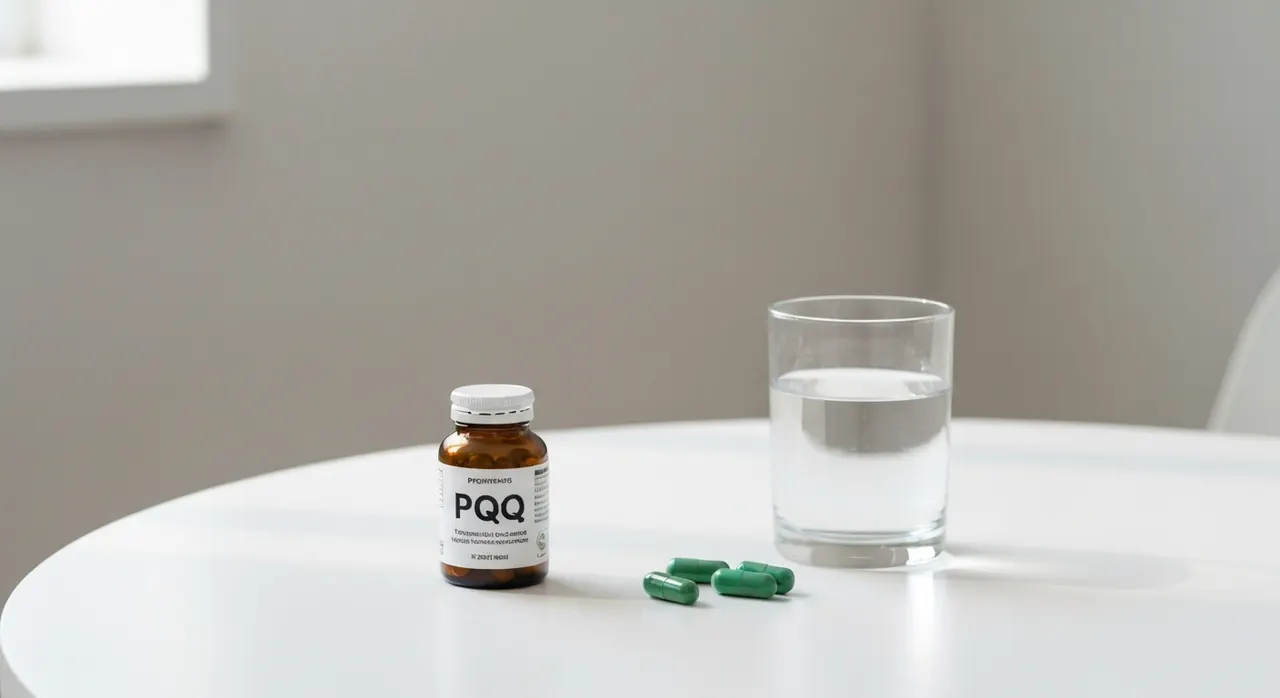 NOW Foods PQQアルファリポ酸配合サプリのボトルと水のグラス、デスクに置かれたカプセル数粒
