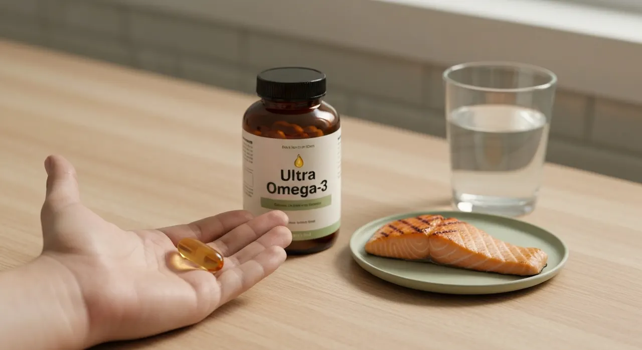 NOW Foods Ultra Omega-3のソフトジェルカプセルと瓶、グリルサーモン、水のグラスを並べた明るいキッチンカウンター