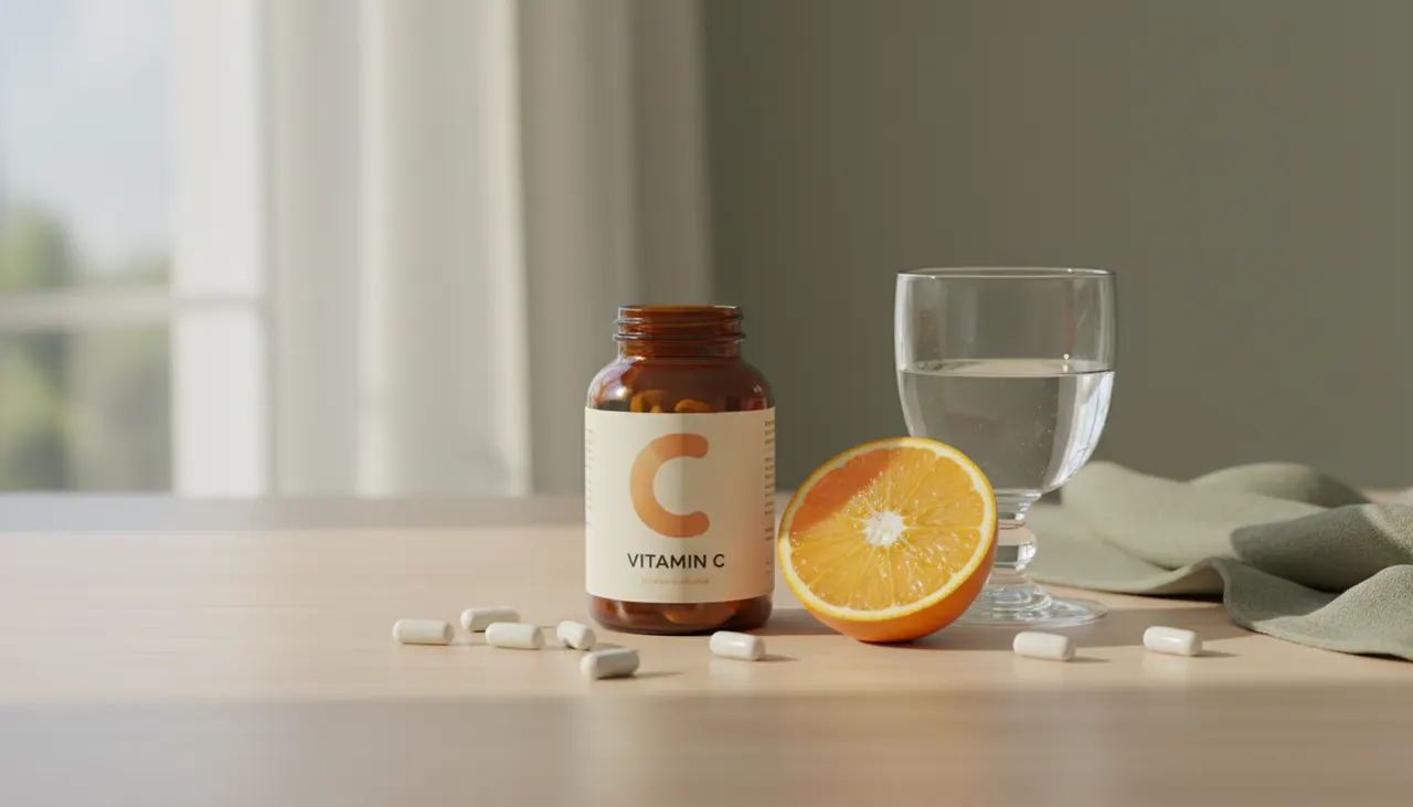 NOW Foods ビタミンC-1000の500粒ボトルとオレンジ、白いカプセルが木製テーブルに並ぶ画像