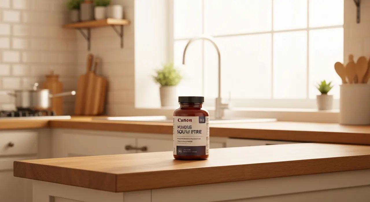 NOW Foods C-1000 ローズヒップ配合ビタミンCサプリとオレンジ・ローズヒップの実を並べた台所の写真