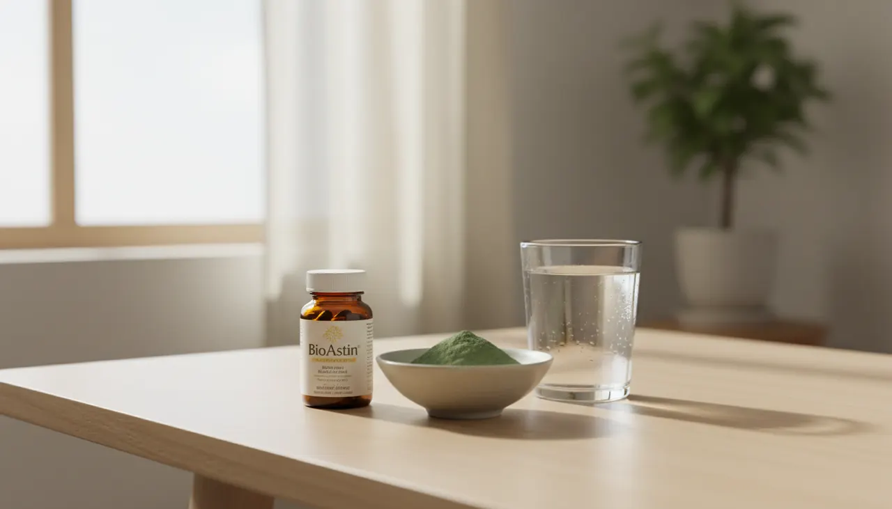 Nutrex HawaiiのBioAstin®アスタキサンチン4mgのボトルと水のグラス、木製テーブルの上に置かれたサプリメント
