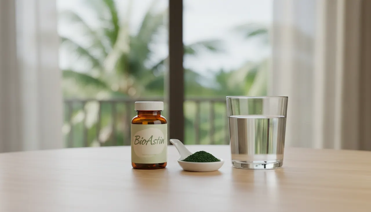 Nutrex HawaiiのBioAstin®アスタキサンチンのボトルと天然微細藻類、水のグラス
