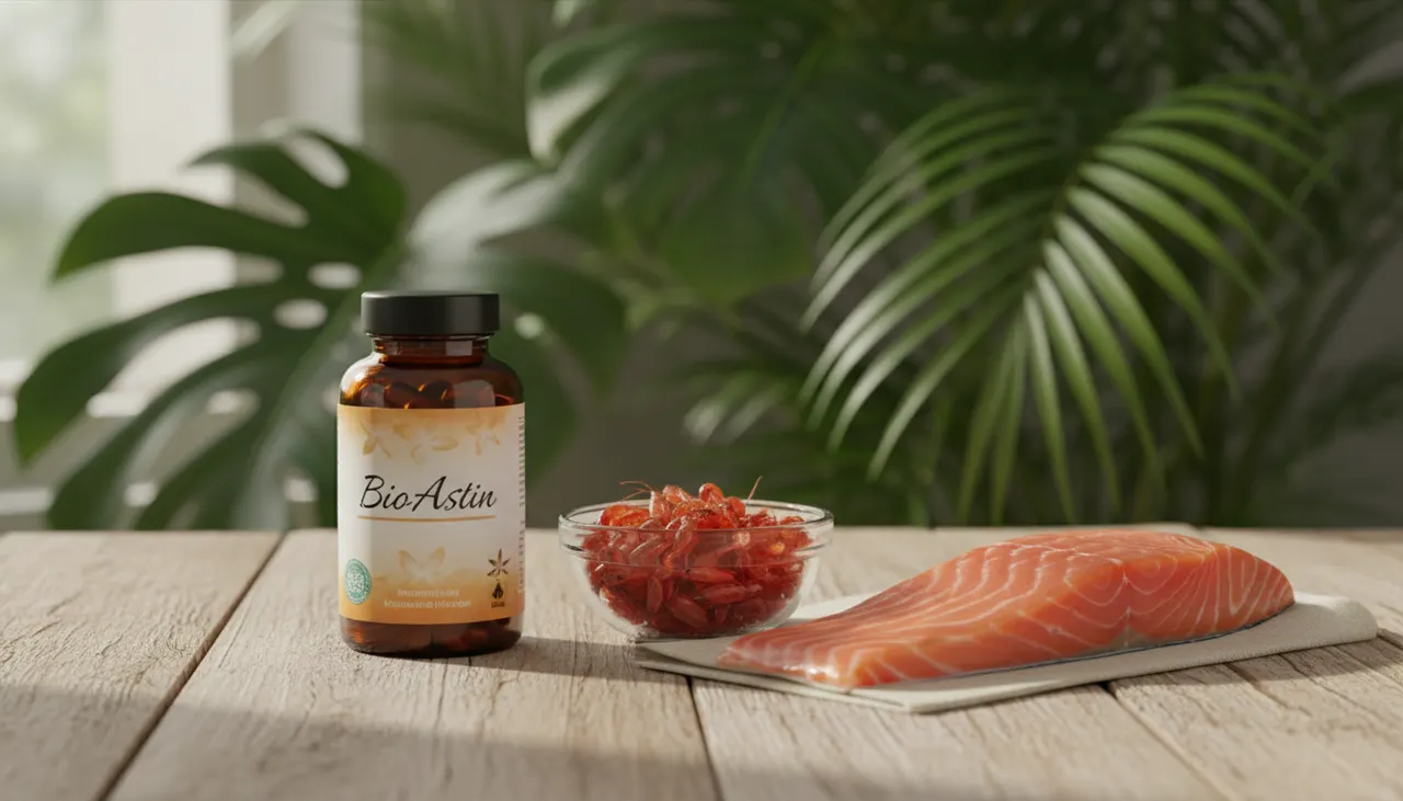 Nutrex Hawaii BioAstin アスタキサンチン12mgのボトルとサーモン・海藻の写真