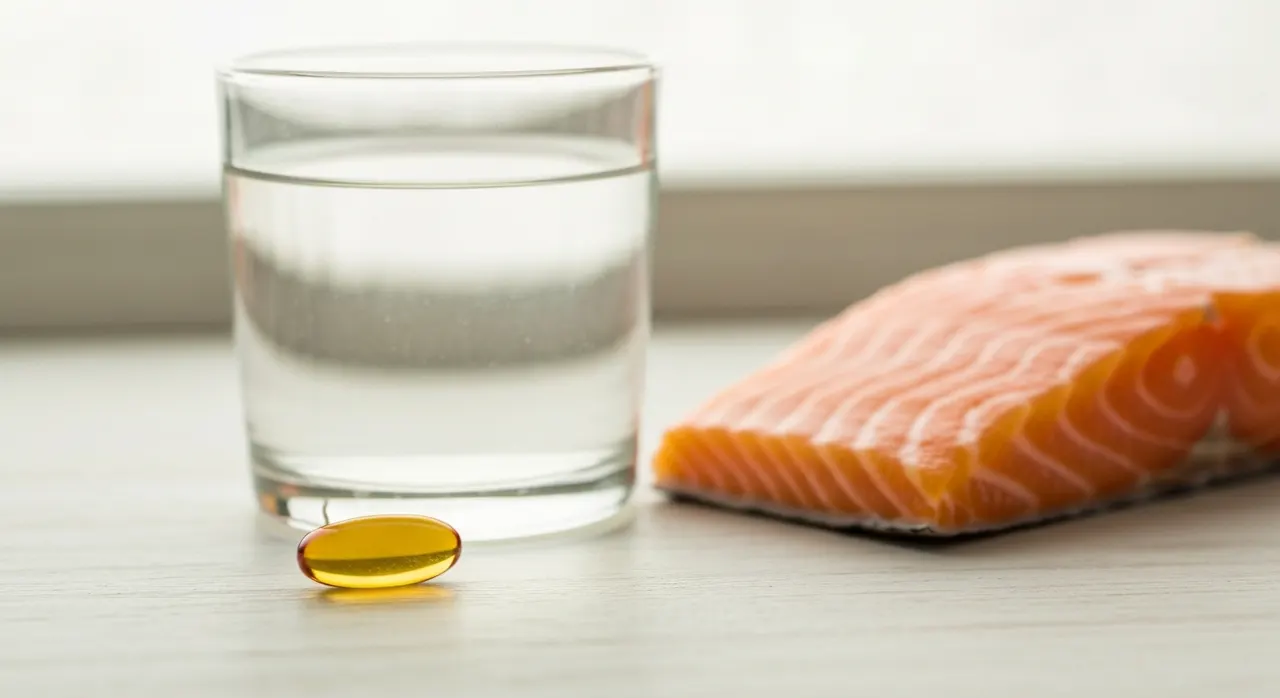 Nutricostのアスタキサンチンサプリとサーモンとグラスをテーブルに並べた画像