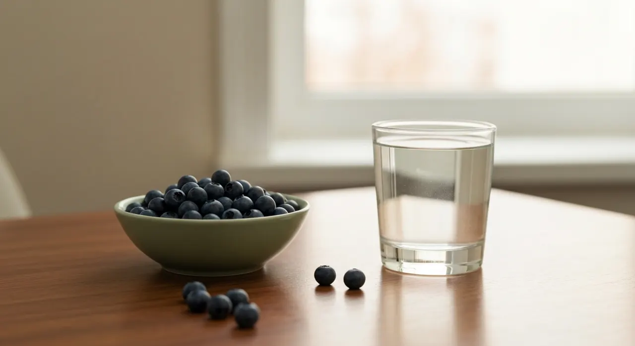 Nutricost ビルベリーサプリのボトルと新鮮なビルベリーの実、水のグラスを木製デスクに並べたイメージ