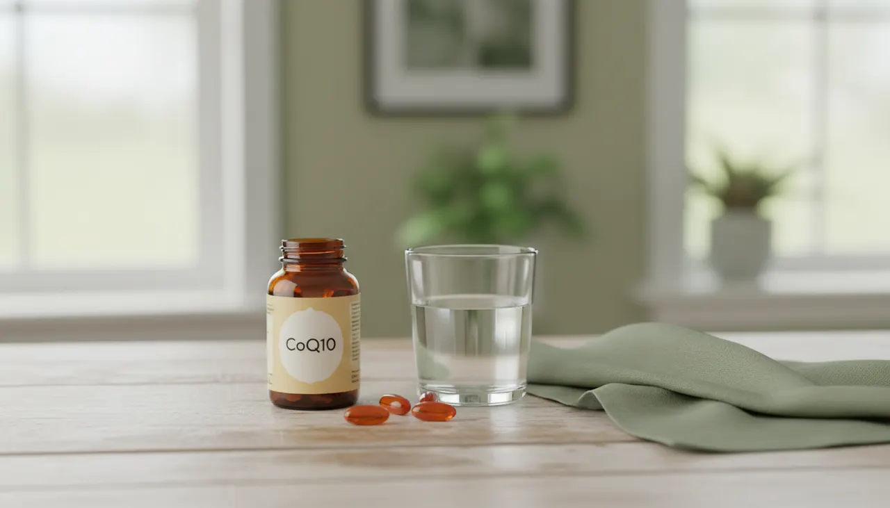 Nutricost CoQ10 200mgのボトルとカプセル、水のグラスを並べた朝の食卓イメージ
