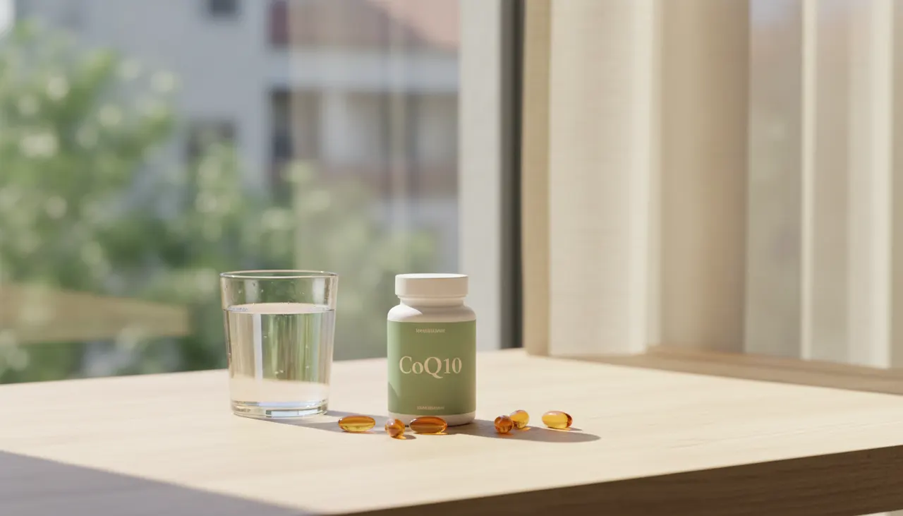 Nutricost CoQ10のボトルとカプセル、水のグラスが明るい木製デスクの上に並んでいる