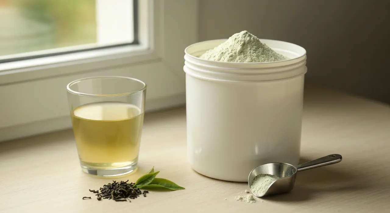 Nutricostのテアニンパウダーと緑茶のカップが木製のテーブルに置かれている様子