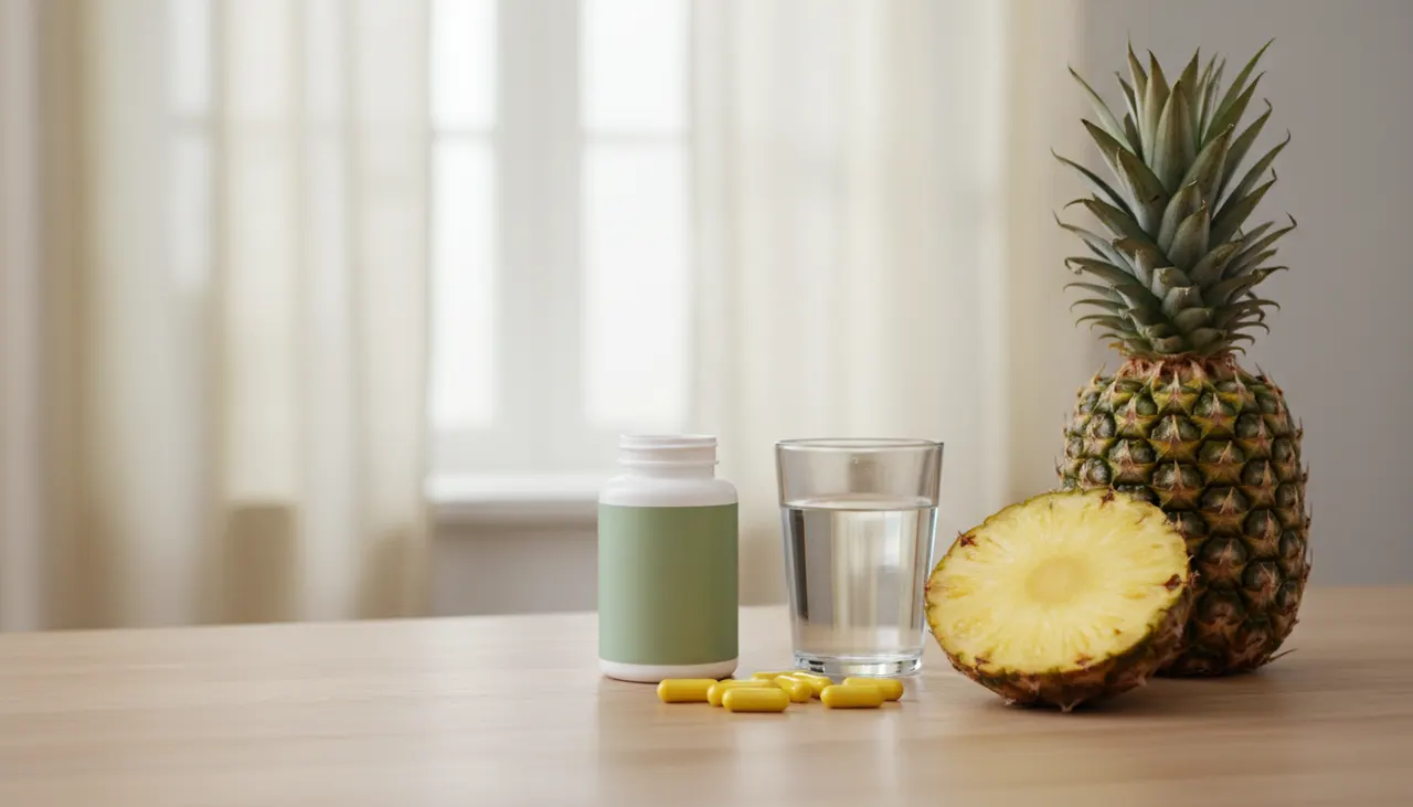 Nutricostケルセチン+ブロメライン240粒のボトルと黄色いカプセル、パイナップルが木製カウンターに並ぶ画像