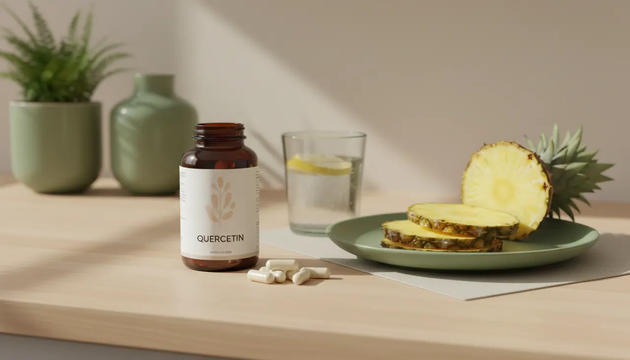 Nutricostのケルセチン with ブロメラインサプリのボトルとカプセル、パイナップルが並ぶキッチンカウンター