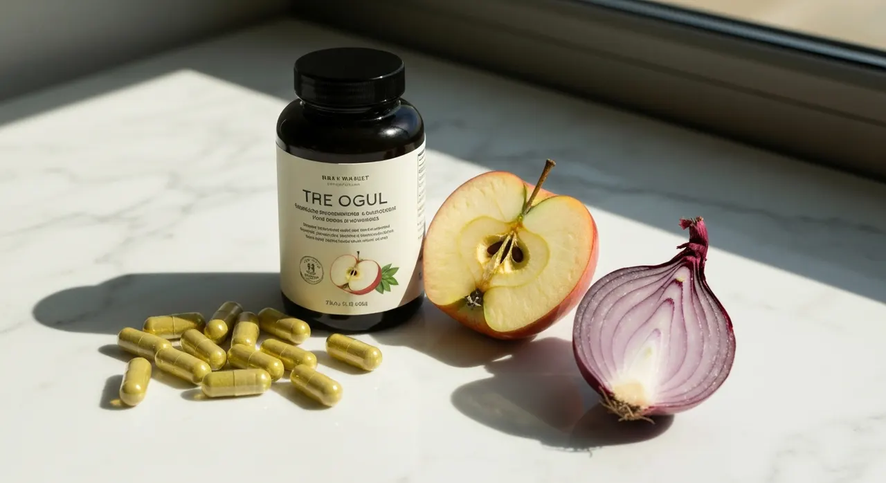 Nutricostのケルセチンサプリと断面を見せたリンゴ・赤玉ねぎ、白い大理石のテーブルの上に並べた写真
