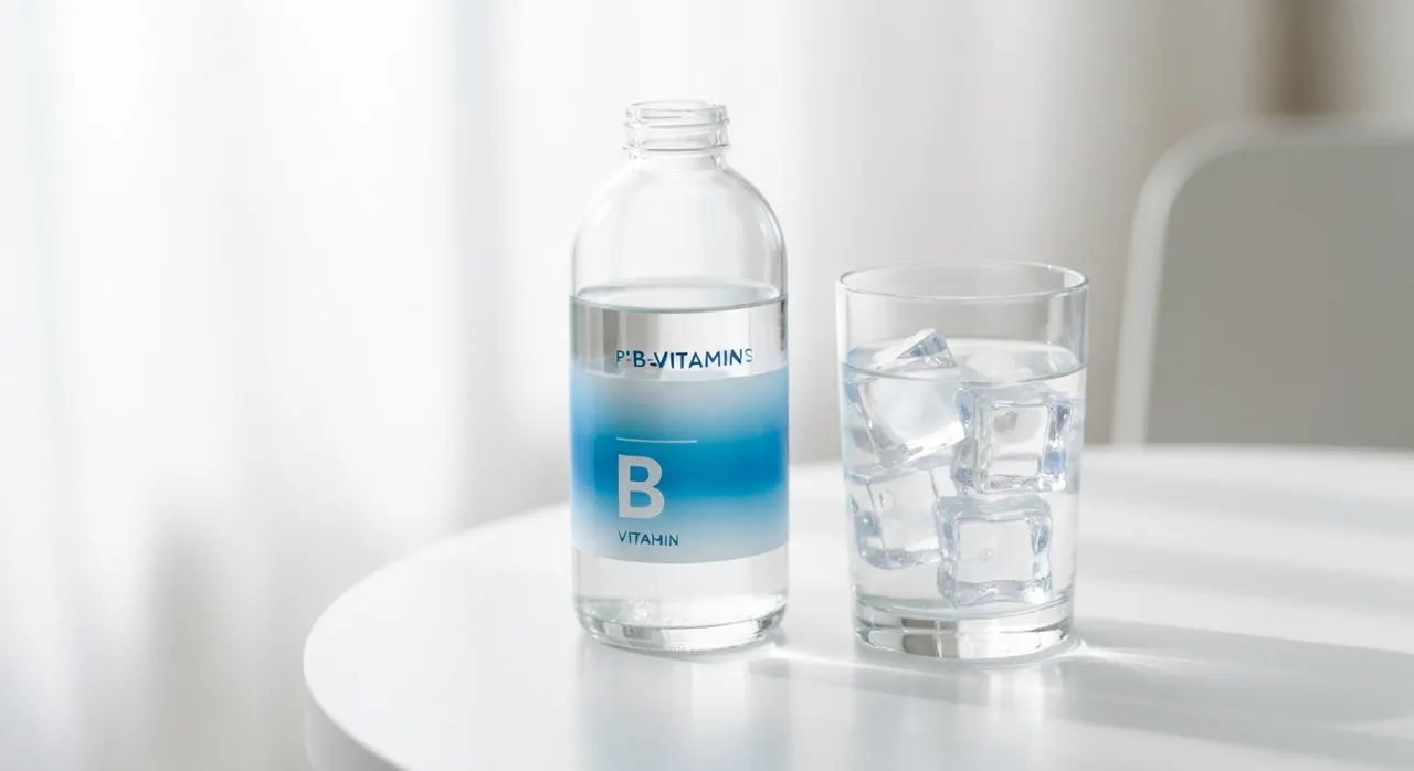 Nutricostのビタミンβ群サプリボトルと水のグラスが明るい木製テーブルの上に置かれた様子