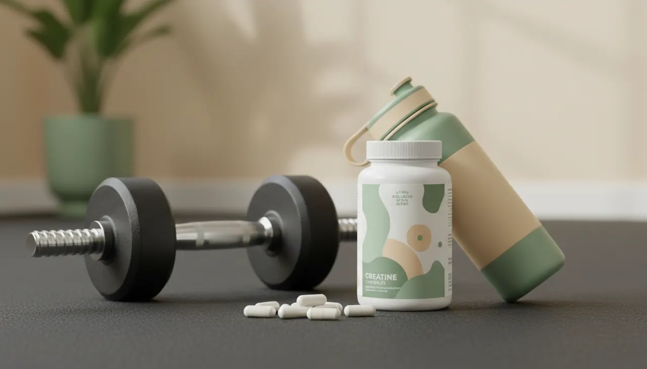 Optimum Nutritionのクレアチンカプセルとダンベル、ジムのマット。iHerbで人気のサプリメントレビュー