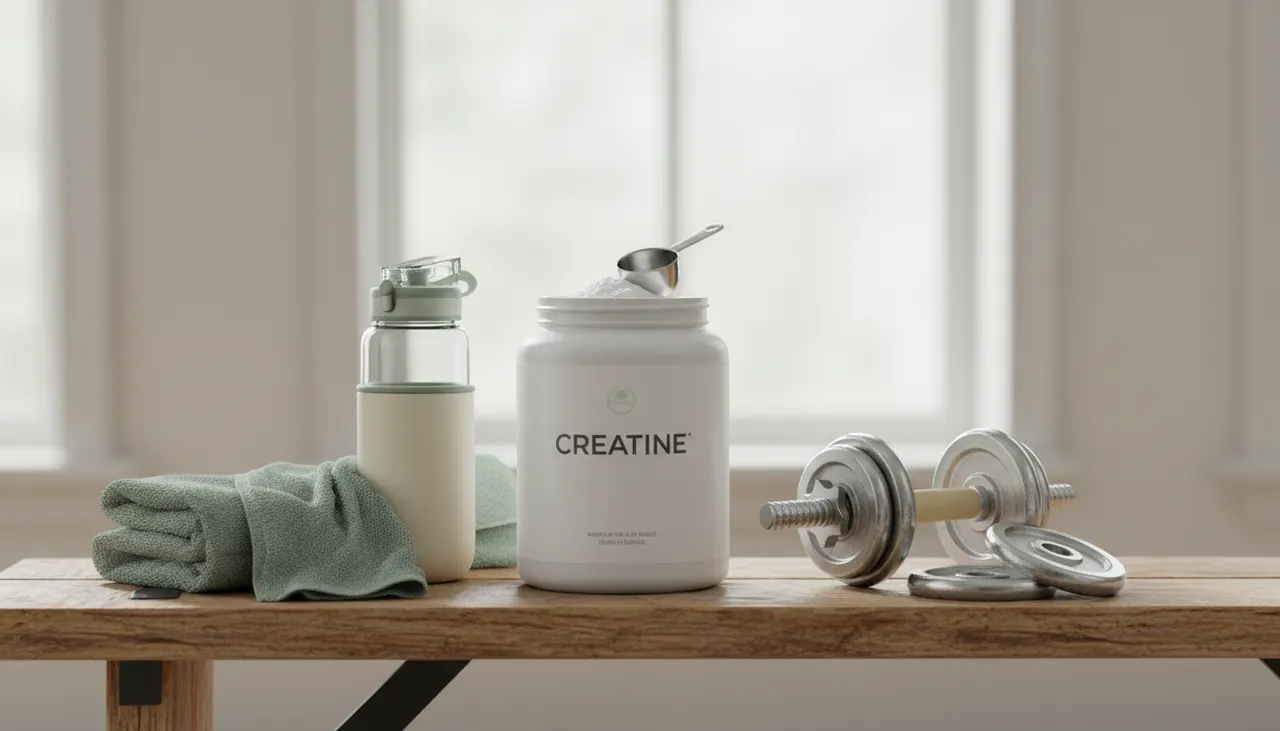 Optimum Nutritionのクレアチンパウダーと水筒、ジムタオル。iHerbで人気のクレアチンモノハイドレートのレビュー記事