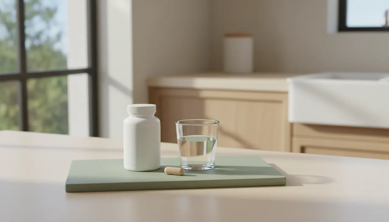 Physician's Choice 60 Billion Probioticのボトル・カプセル・水のある明るいキッチンカウンター