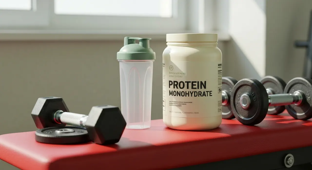 Raw Nutritionのクレアチンモノハイドレートとシェイカーボトル、ウェイトトレーニング器具が並んだジムのベンチ