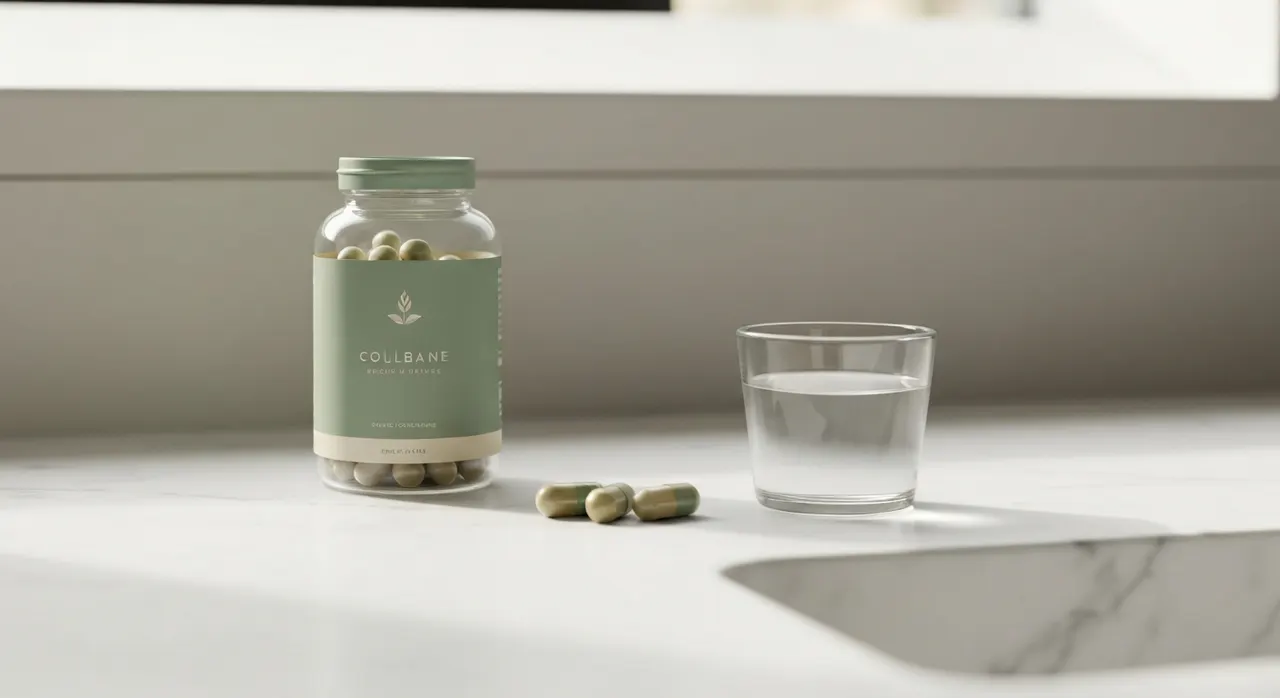 SMNutrition PQQサプリのボトルとカプセル、水のグラス。iHerbで人気のPQQレビュー記事のアイキャッチ画像。
