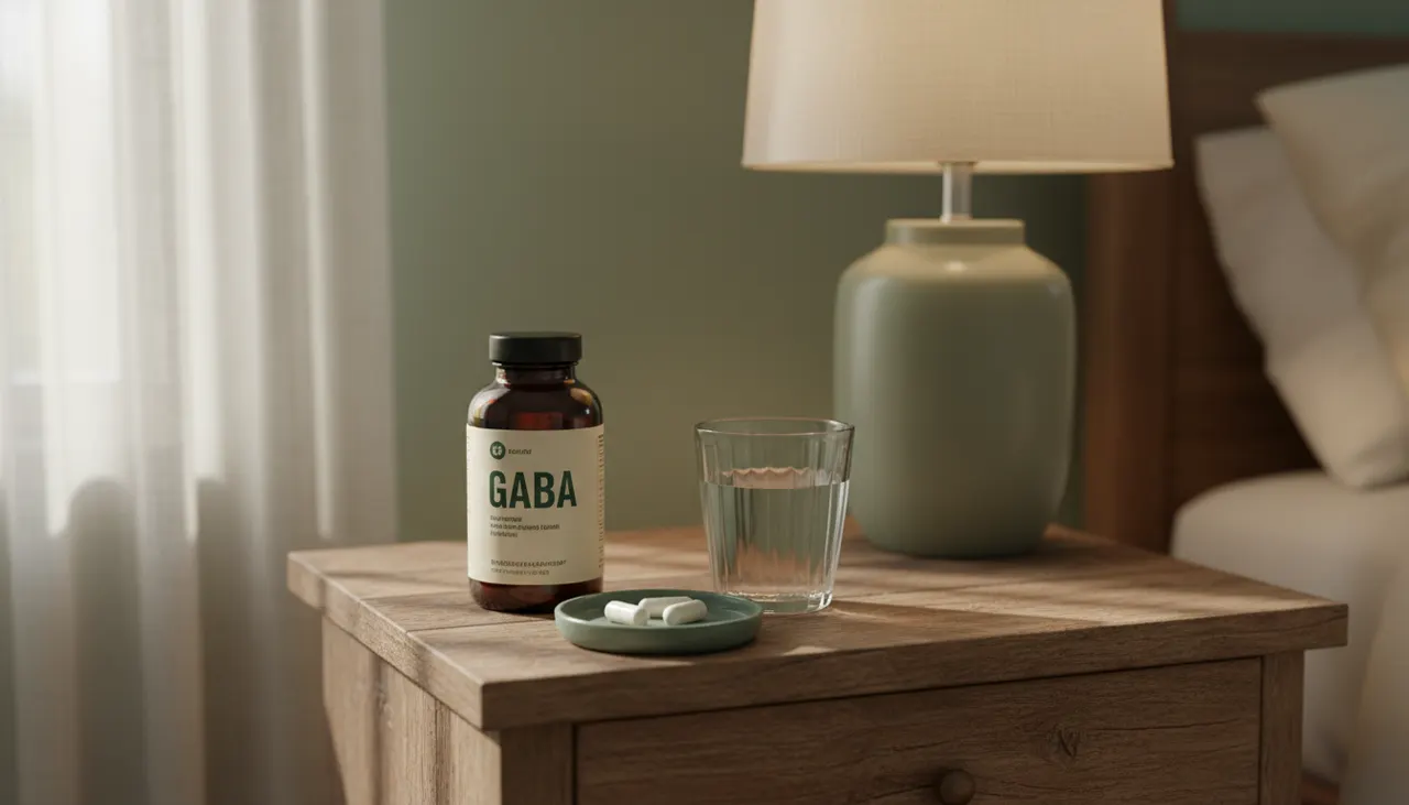 Solgar GABA 500mgカプセルのボトルと水のグラス。夜のサプリ習慣のイメージ
