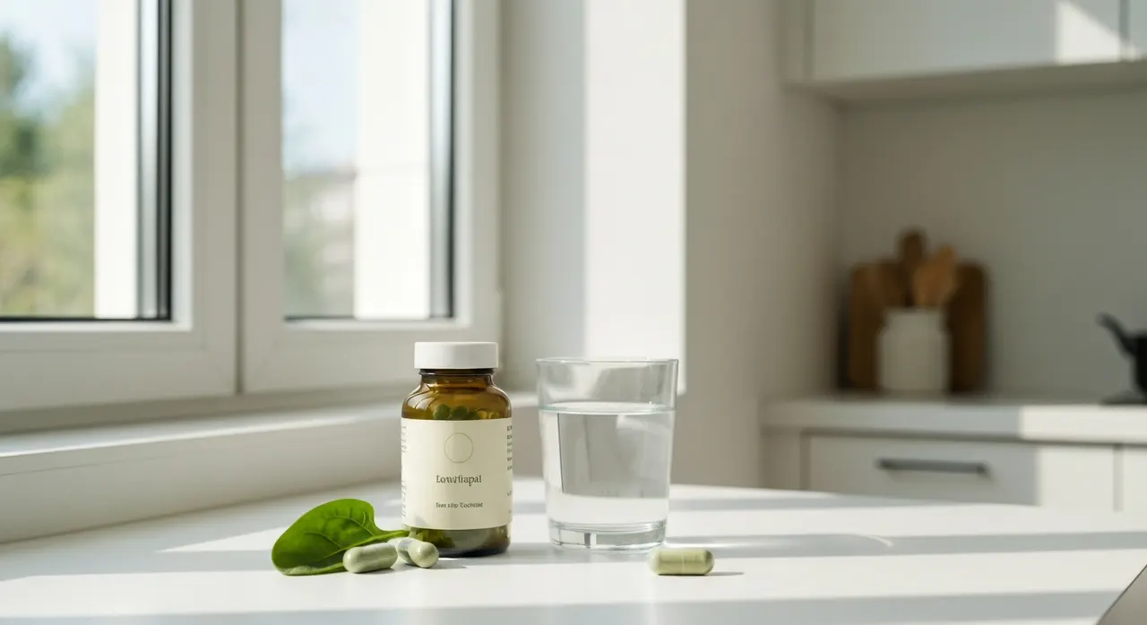 SolgarのGentle Iron 25mg サプリメントボトルとほうれん草、水が並ぶ明るいキッチンカウンター