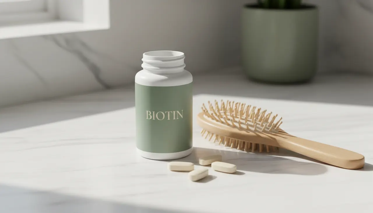 Source Naturalsのビオチン5000mcgボトルと木製ヘアブラシ、数粒のタブレットが明るい大理石のカウンターに並ぶ