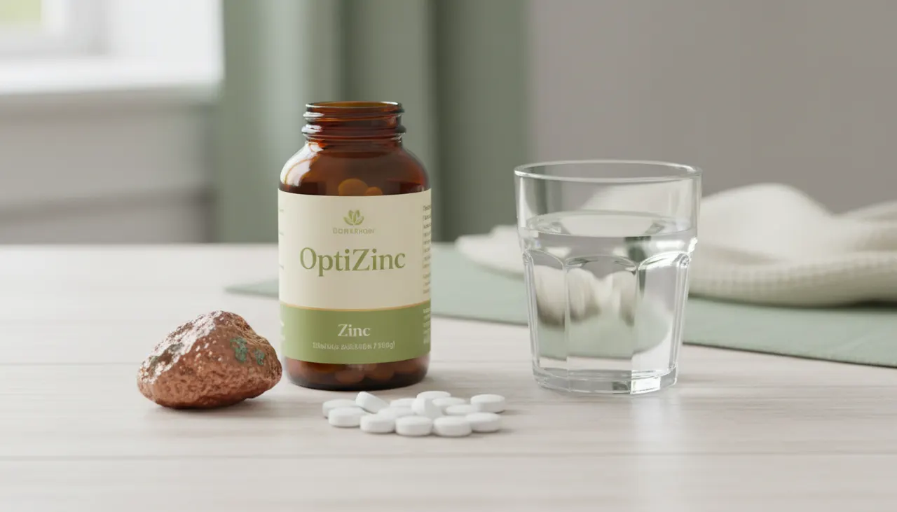 Source Naturals OptiZincのサプリボトルとタブレット、ミネラルストーン、水のグラスを木製テーブルに並べたイメージ